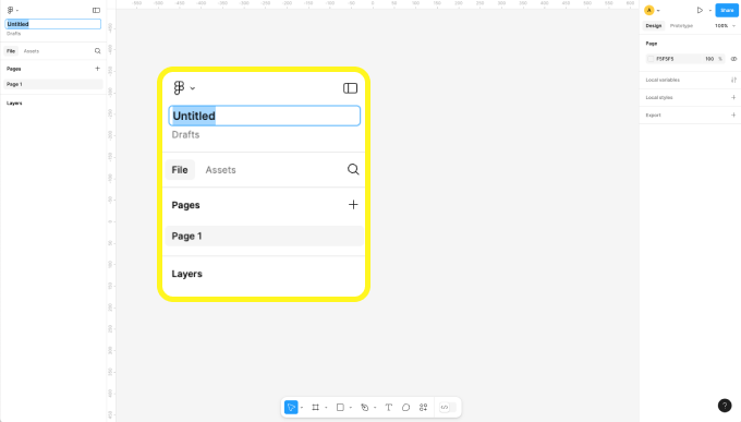 Renaming a Figma file in the top left corner